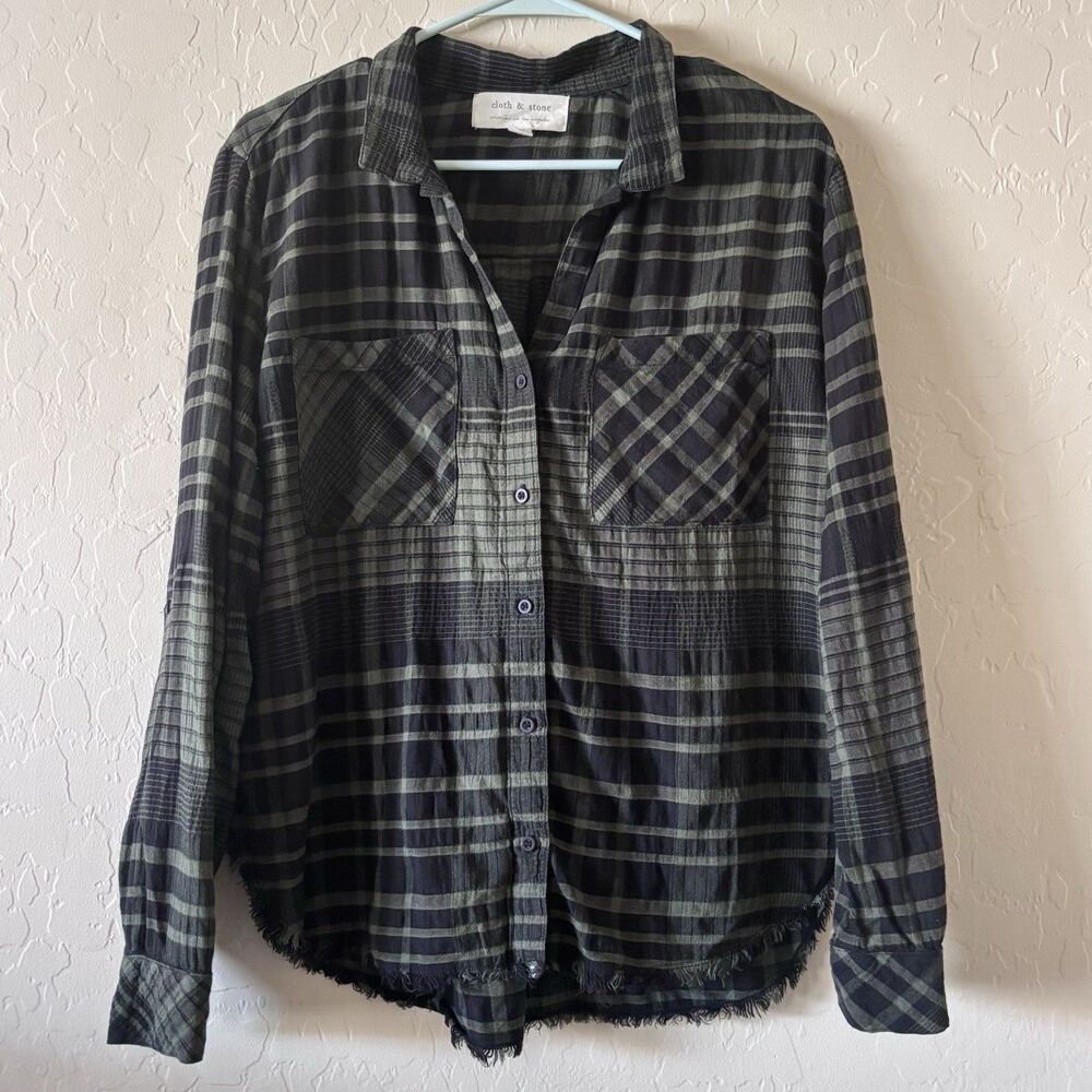 Cloth & Stone Anthropologie Womens S Gray Plaid Frayed Hem Button Down Shirt